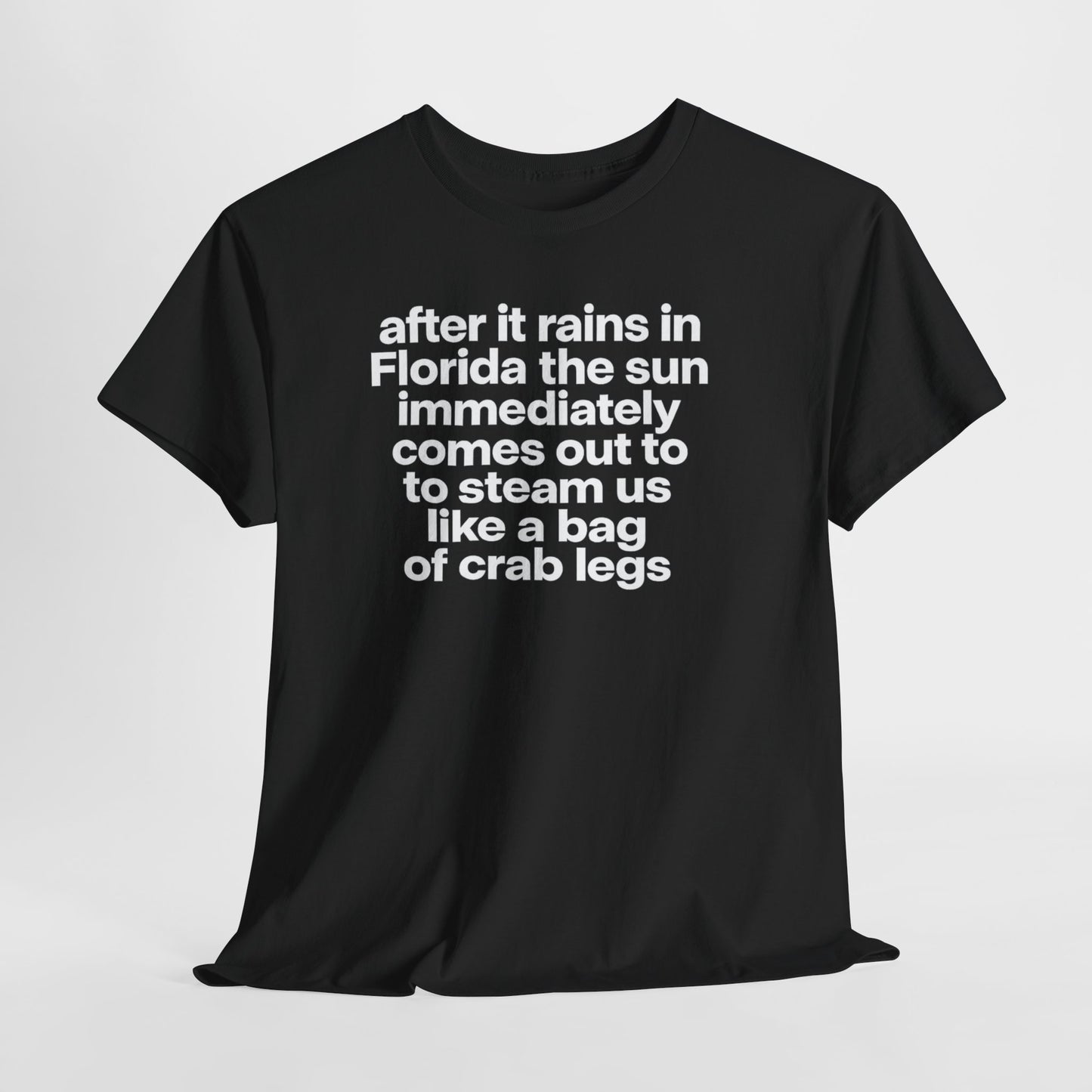 T-Shirt — "after it rains in Florida the sun immediately comes out to steam us like a bag of crab legs" Funny Florida Weather Tee