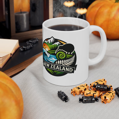 New Zealand Scenic Badge Ceramic Mug — Kiwi, Fern & Ocean Coffee Cup (11oz/15oz)