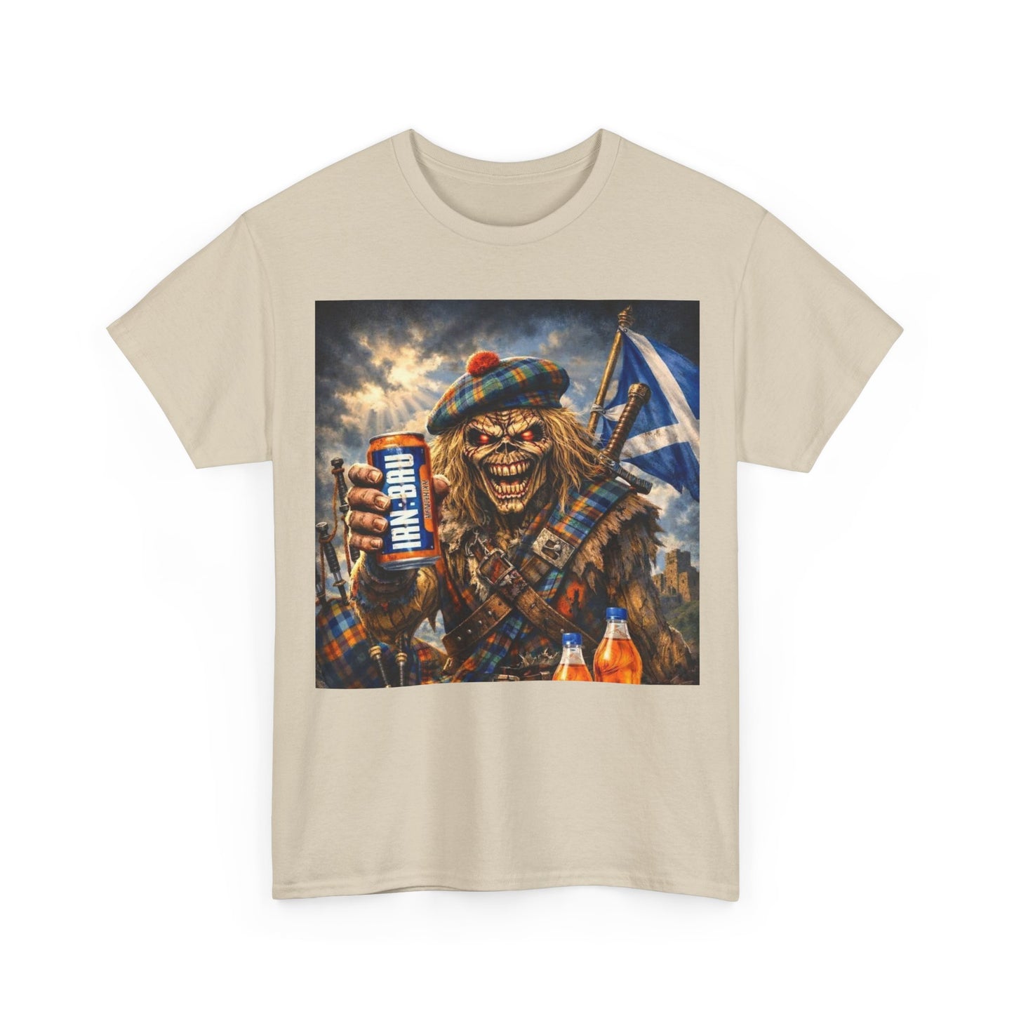 Scottish Rock Skull T‑Shirt — Eddie the Piper with Flag & Can Graphic Tee