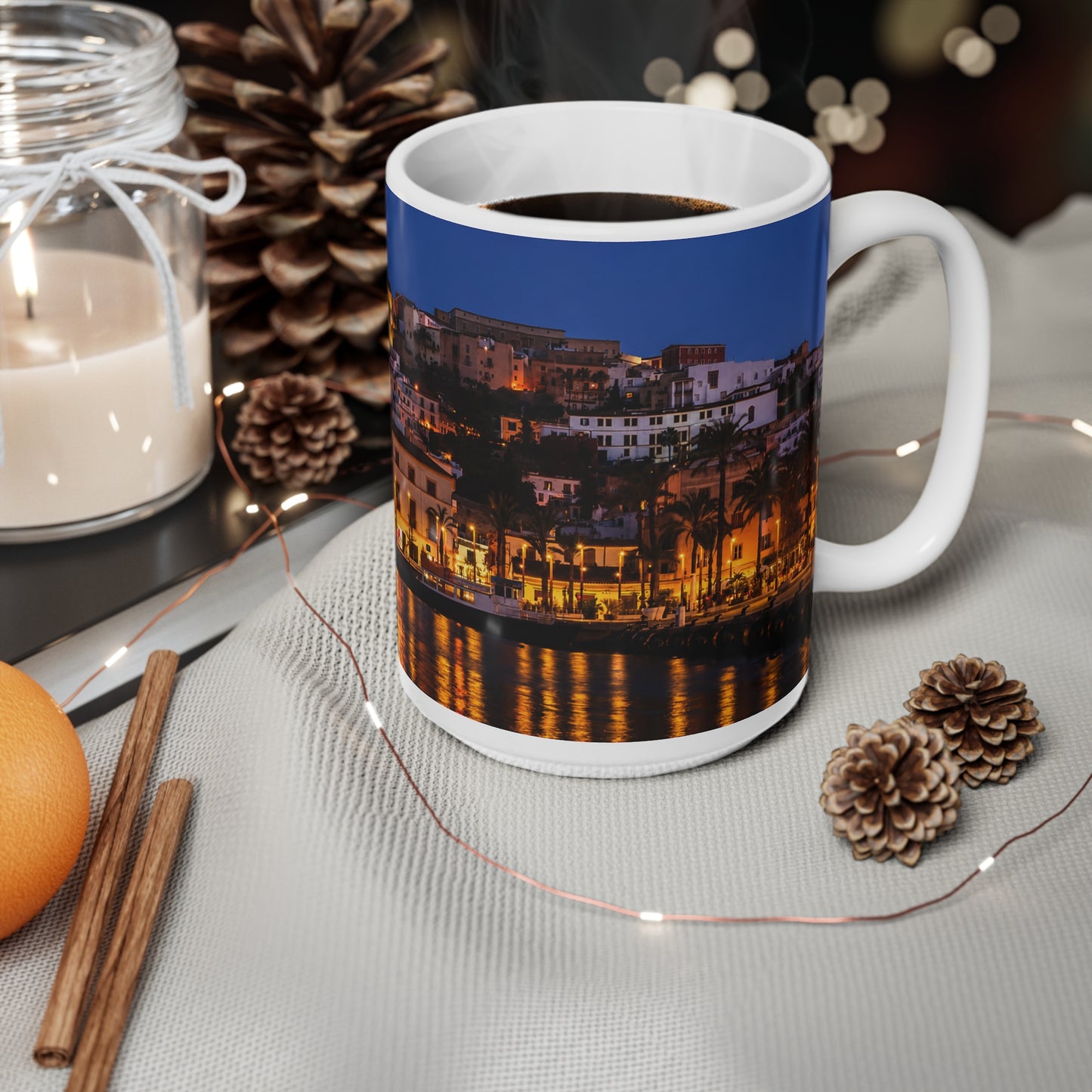 Night Harbor Cityscape Mug — Coastal Italy Evening Panorama Ceramic Coffee Cup (11oz, 15oz)