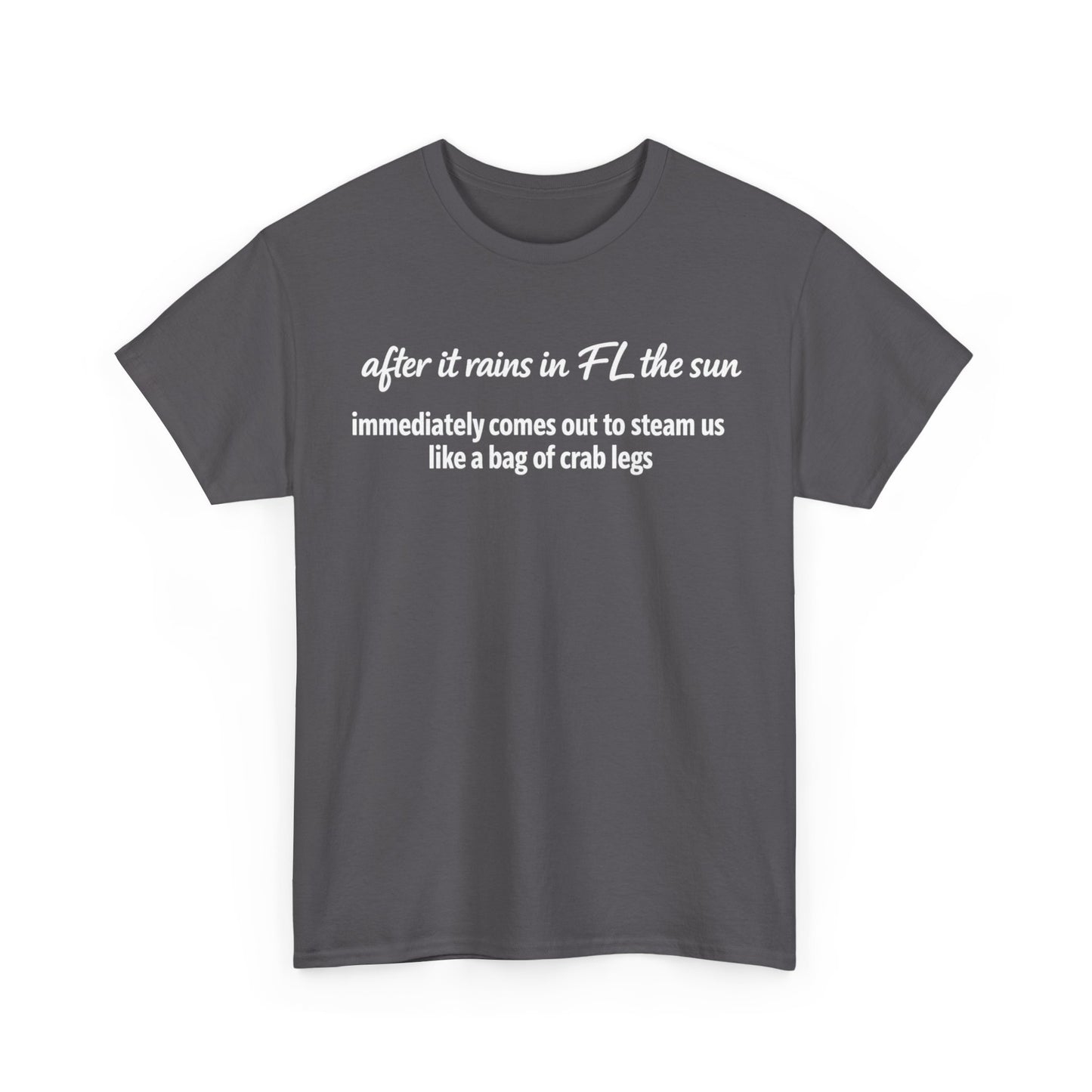 Florida Heat Tee — "after it rains in FL the sun immediately comes out to steam us like a bag of crab legs"
