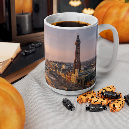 Blackpool Sunset Pier Ceramic Coffee Mug — Coastal Seaside Sunrise Photo, 11oz & 15oz