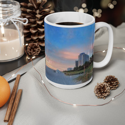 Sunset Beach Lifeguard Tower Ceramic Mug – Coastal Sunrise Coffee Cup (11oz/15oz)