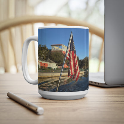 American Flag Waterfront Photo Ceramic Mug — Patriotic 11oz & 15oz Coffee Cup