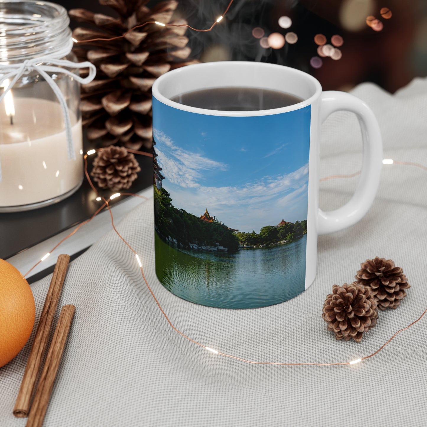 Pagoda Lakeside Ceramic Mug — Asian Temple Travel Photo Coffee Cup (11oz/15oz)