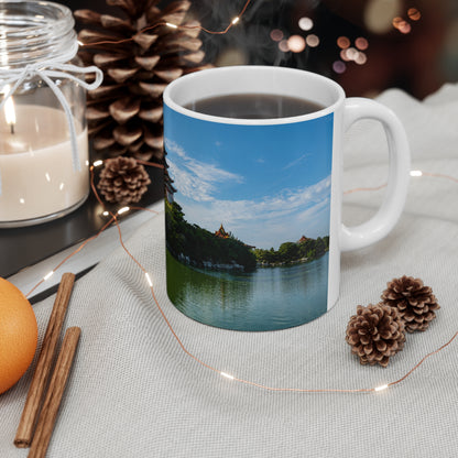 Pagoda Lakeside Ceramic Mug — Asian Temple Travel Photo Coffee Cup (11oz/15oz)