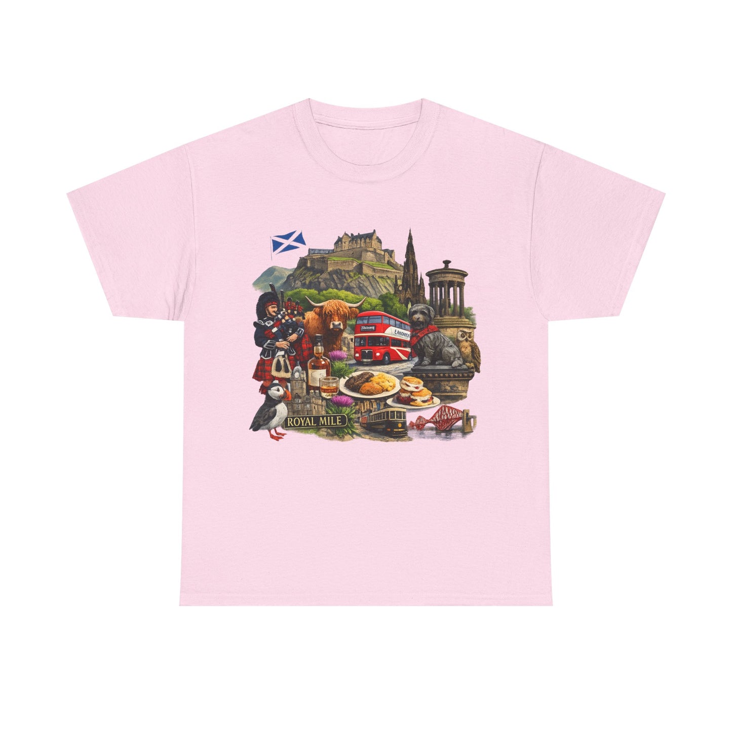 Scotland / Edinburgh Travel Collage T-Shirt — Edinburgh Castle, Bagpipes & Local Icons