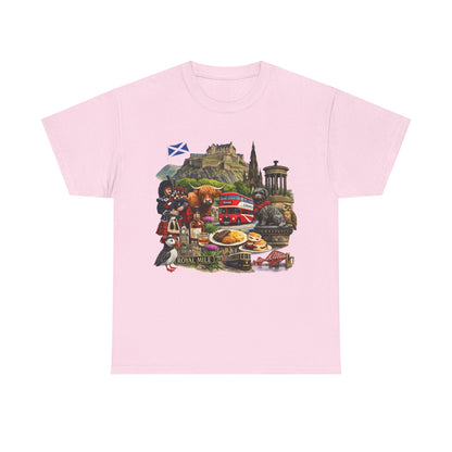 Scotland / Edinburgh Travel Collage T-Shirt — Edinburgh Castle, Bagpipes & Local Icons