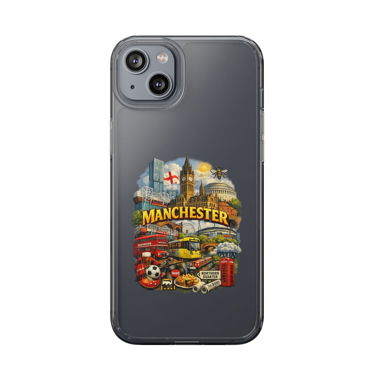 Manchester Landmark Clear Phone Case — Cityscape Collage Design