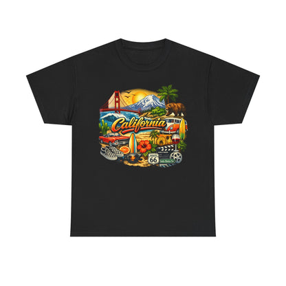 California Vintage Travel T-Shirt — Golden Gate, Palm Trees & Route 66 Tee