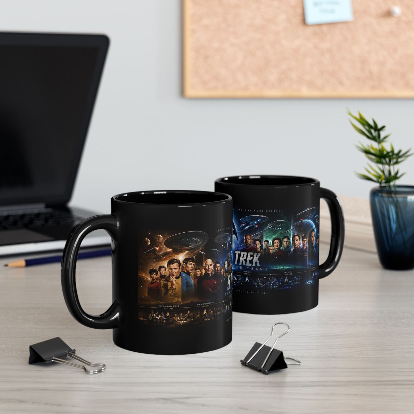 Star Trek Collage Black Mug — Sci‑Fi Crew Montage Coffee Cup (11oz/15oz)