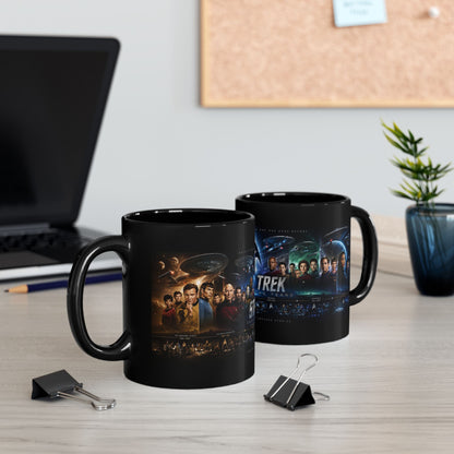 Star Trek Collage Black Mug — Sci‑Fi Crew Montage Coffee Cup (11oz/15oz)