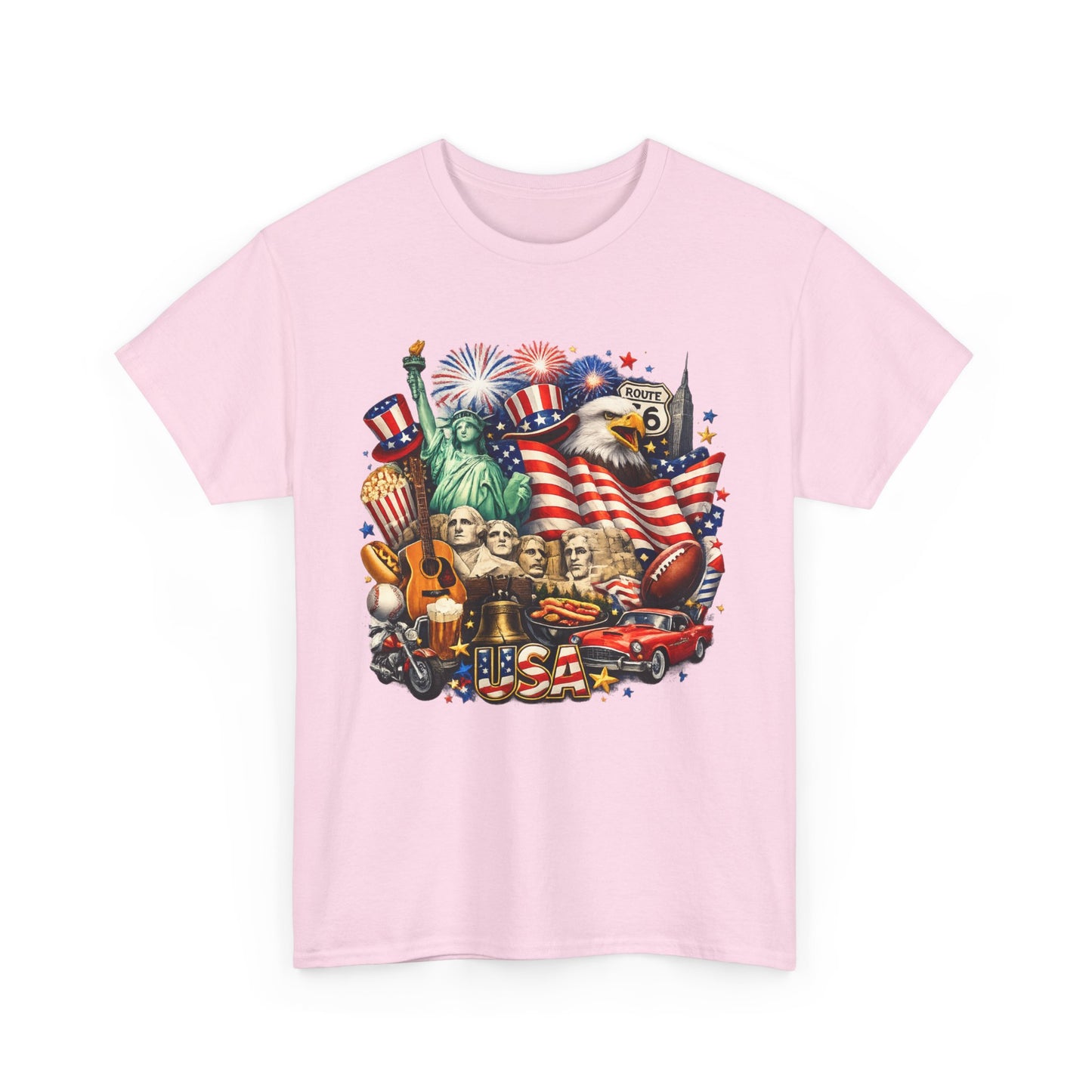 Patriotic USA Graphic Tee – American Flag, Statue of Liberty & Fireworks T-Shirt
