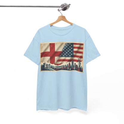 England + USA Flag Skyline T-Shirt — Vintage London & New York City Pride Tee