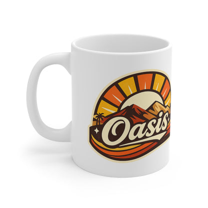 Oasis Mountain Sunrise Coffee Mug — Retro Palm Desert Ceramic Cup (11oz & 15oz)