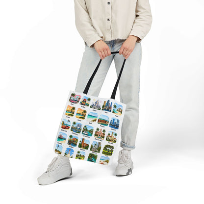 Florida City Landmark Collage Canvas Tote Bag — Vintage Travel Icons Print