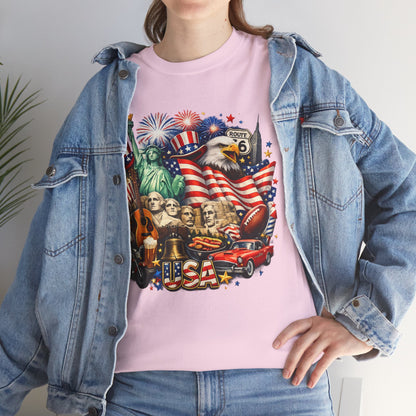 Patriotic USA Graphic Tee – American Flag, Statue of Liberty & Fireworks T-Shirt