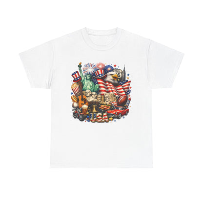 Patriotic USA Graphic Tee – American Flag, Statue of Liberty & Fireworks T-Shirt
