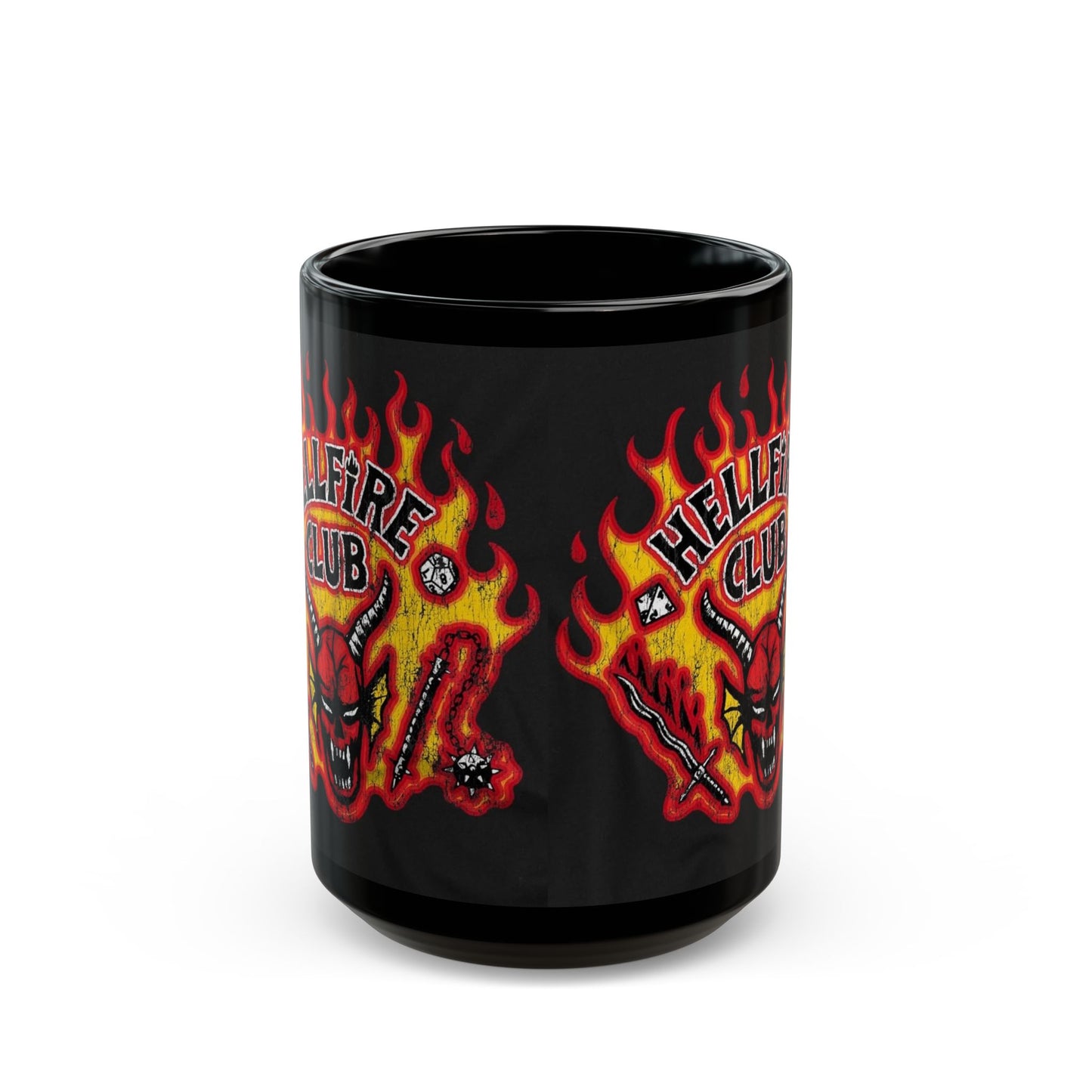 Hellfire Club Black Mug — Flaming Demon Skull Coffee Cup (11oz & 15oz)