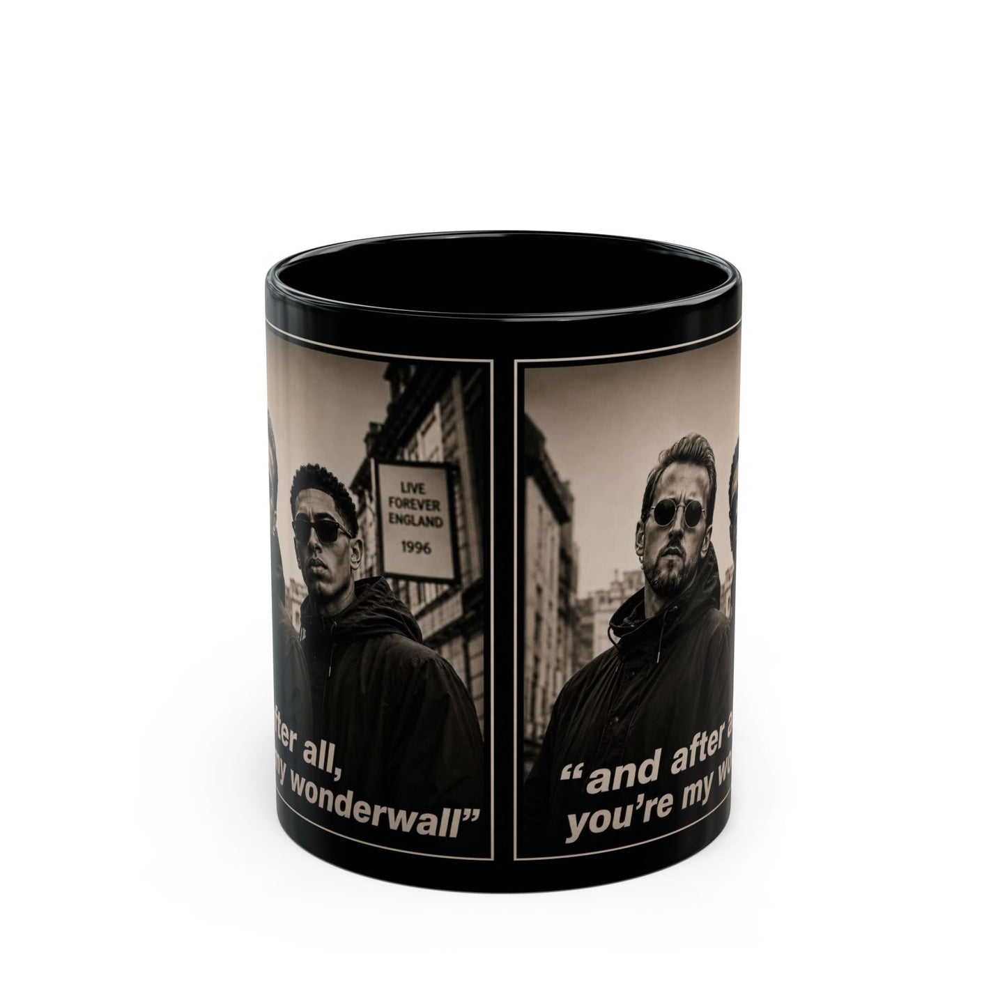 Kane and Bellingham Lyric Photo Black Mug — “and after all, you’re my wonderwall” Band Tribute Coffee Cup
