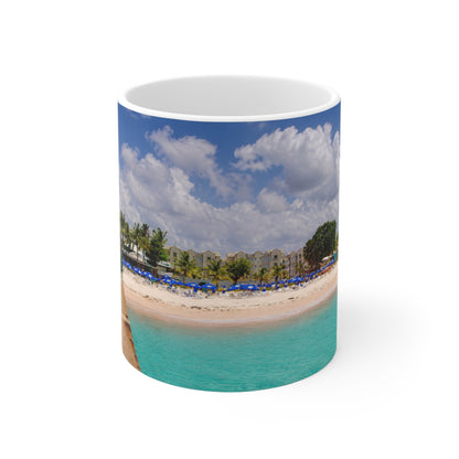 Barbados Tropical Beach Photo Mug — Scenic Dock Over Turquoise Water, 11oz & 15oz Ceramic Coffee Cup