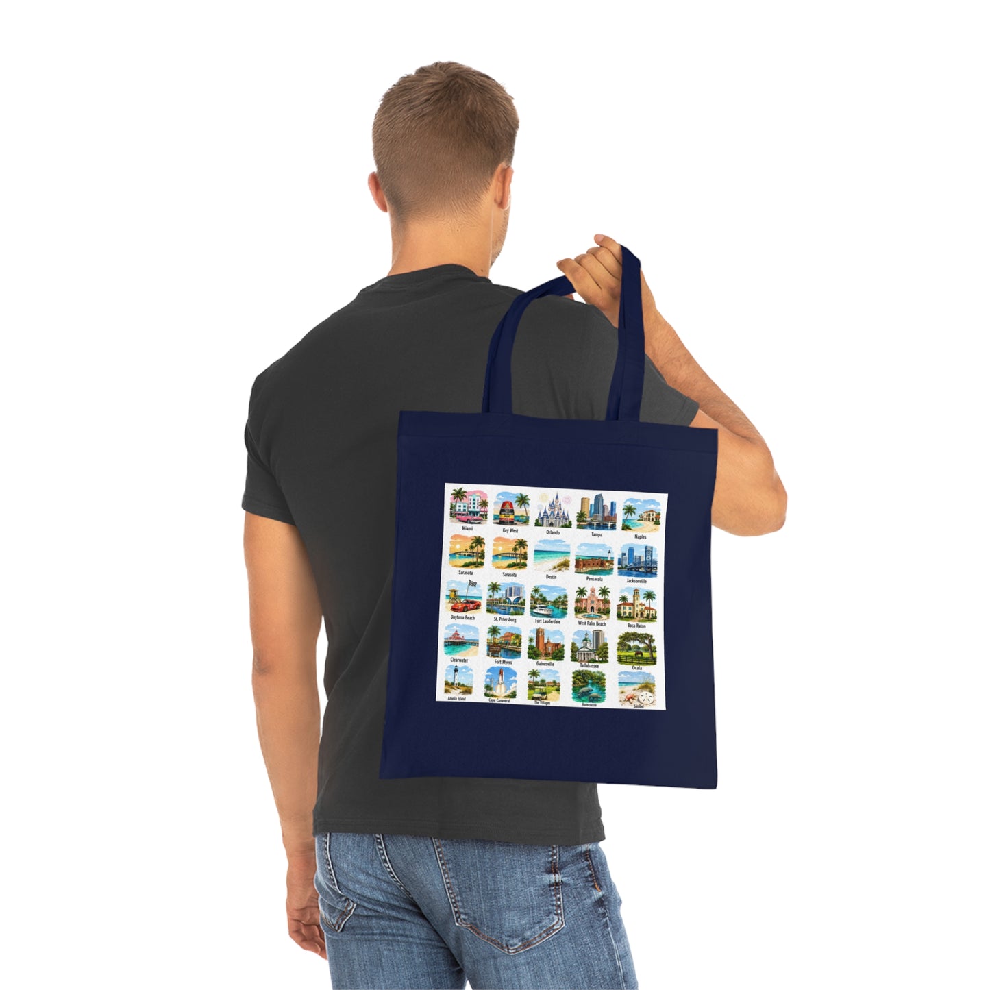 Florida City Landmarks Collage Cotton Tote – Vintage Travel Postcard Design