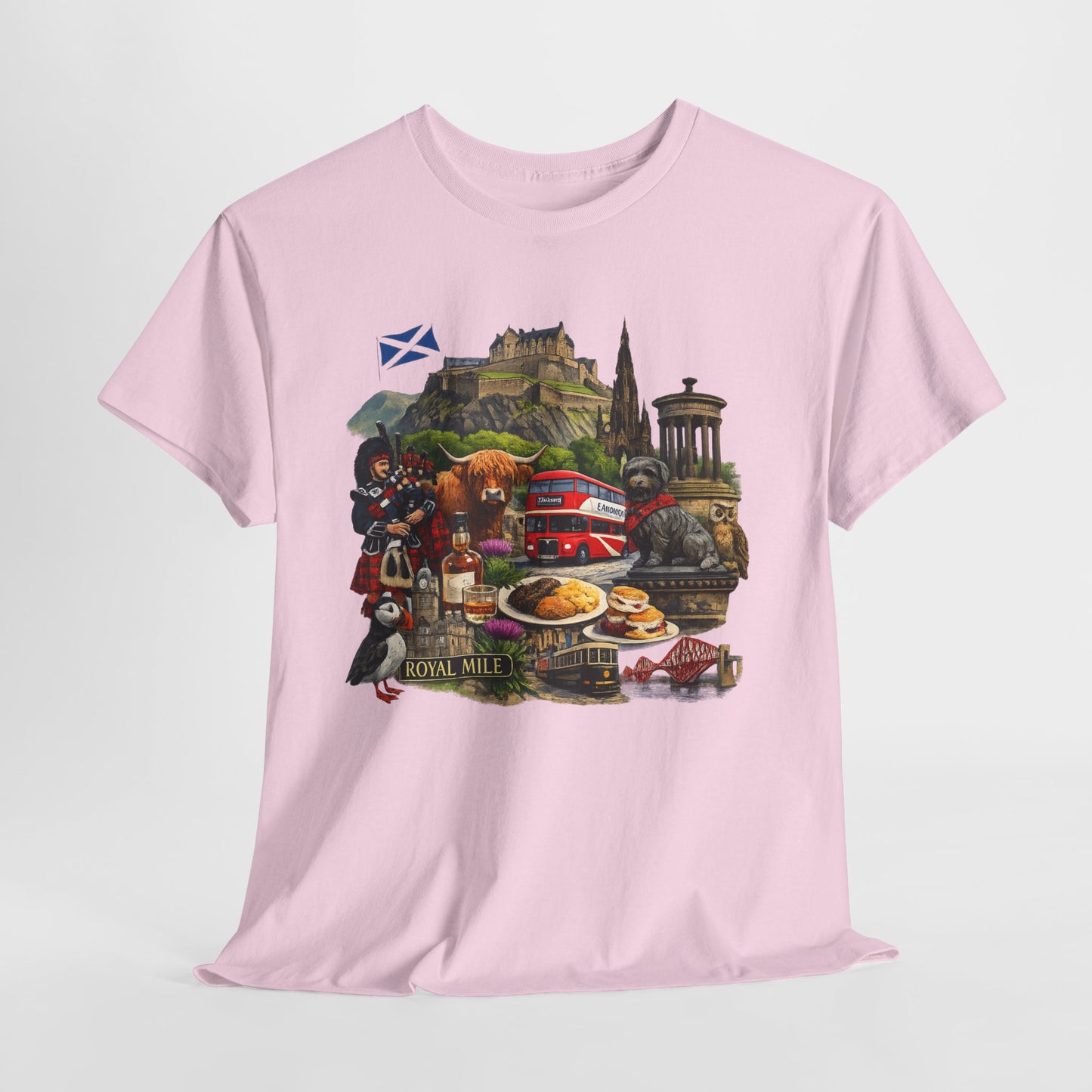 Scotland / Edinburgh Travel Collage T-Shirt — Edinburgh Castle, Bagpipes & Local Icons