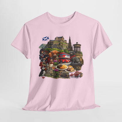 Scotland / Edinburgh Travel Collage T-Shirt — Edinburgh Castle, Bagpipes & Local Icons