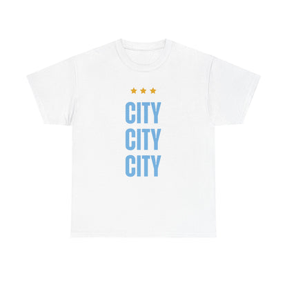 Manchester City City City Tee — Minimal Skyline Graphic T‑Shirt with Three Stars