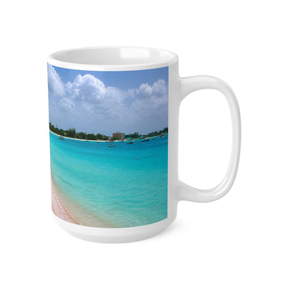 Barbados Beach Scene Coffee Mug — Tropical Pink Sand & Turquoise Water Ceramic Cup (11oz/15oz)