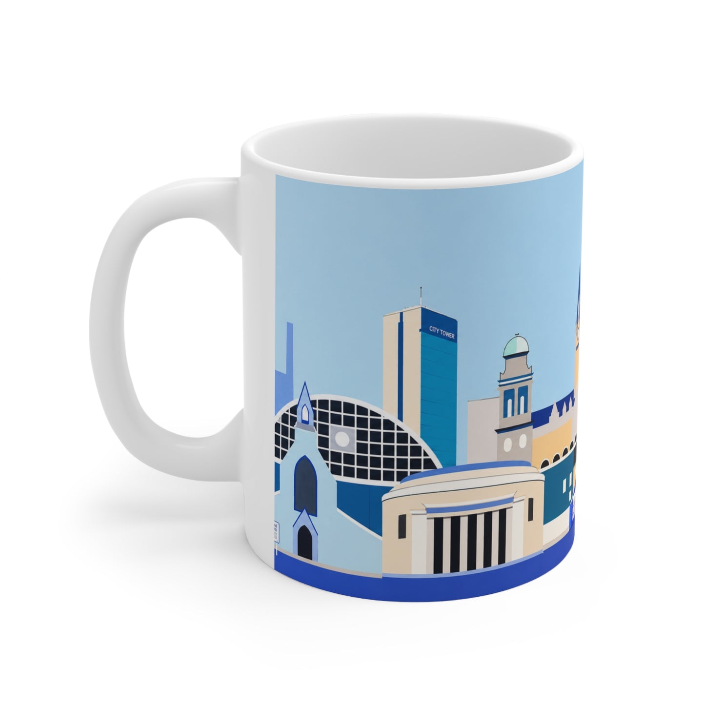 Welcome to Manchester City Skyline Mug — Blue Illustrated Landmark Coffee Cup (11oz & 15oz)
