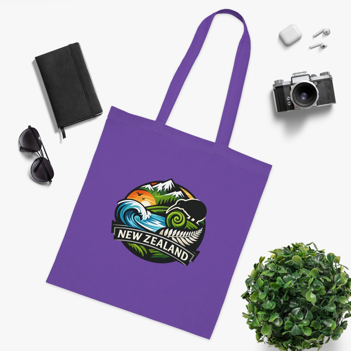 New Zealand Scenic Tote Bag — Kiwi, Fern & Mountain Cotton Shopper