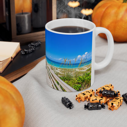 Indian Rocks Beach Boardwalk Coffee Mug — Tropical Palm Sunrise Ceramic Mug (11oz & 15oz)
