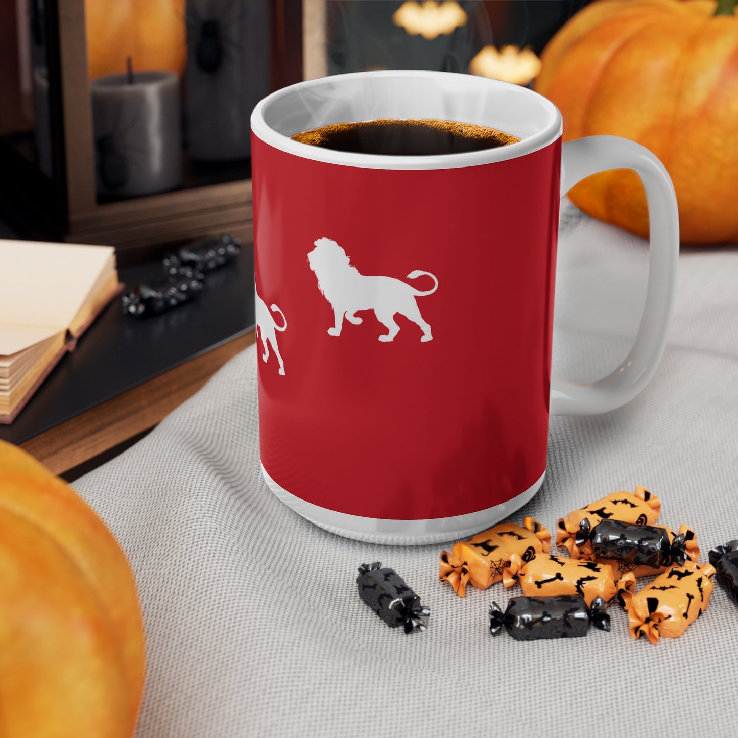 3 Lions Silhouette Ceramic Mug — Red Safari Coffee Cup (11oz & 15oz)