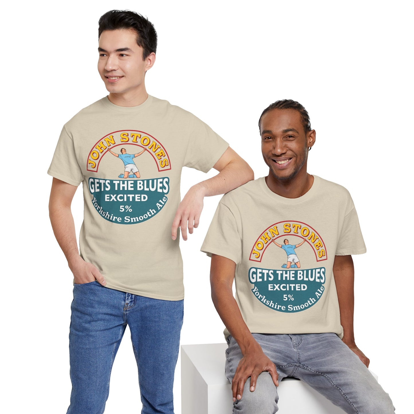 John Stones T-Shirt — "Gets The Blues Excited" Retro Ale Parody Tee