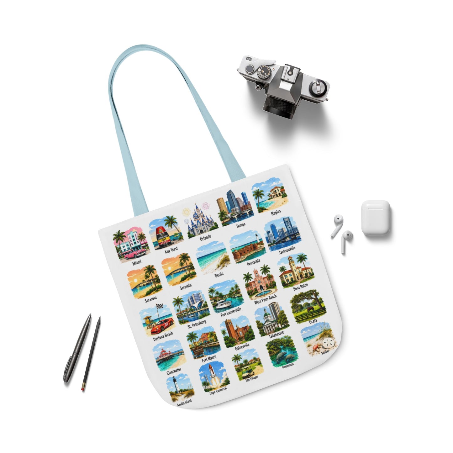 Florida City Landmark Collage Canvas Tote Bag — Vintage Travel Icons Print