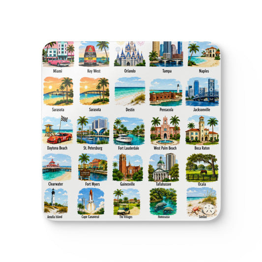 Florida Cities Corkwood Coaster Set — Vintage Travel Map Style Coasters