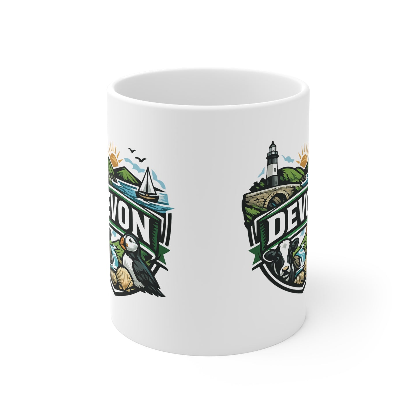 Devon Scenic Mug — Coastal Lighthouse, Puffin & Cow Ceramic Coffee Cup (11oz & 15oz)