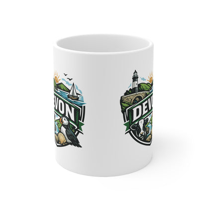 Devon Scenic Mug — Coastal Lighthouse, Puffin & Cow Ceramic Coffee Cup (11oz & 15oz)
