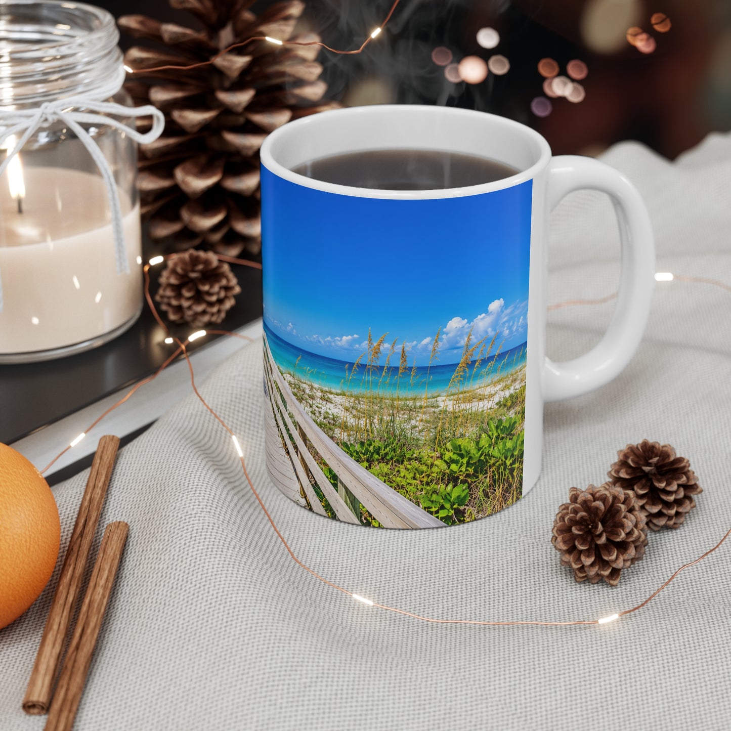Indian Rocks Beach Boardwalk Coffee Mug — Tropical Palm Sunrise Ceramic Mug (11oz & 15oz)