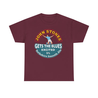 John Stones T-Shirt — "Gets The Blues Excited" Retro Ale Parody Tee