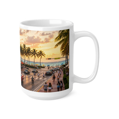 Miami Beach Sunset Coffee Mug — Ocean Drive Retro Car & Art Deco Hotel Design (11oz/15oz)