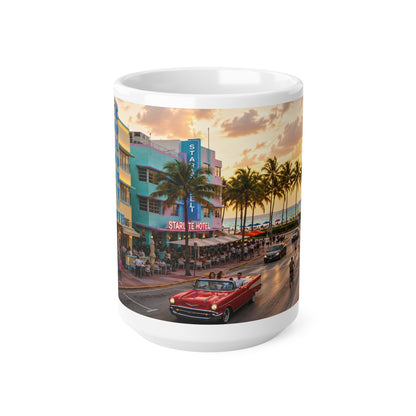 Miami Beach Sunset Coffee Mug — Ocean Drive Retro Car & Art Deco Hotel Design (11oz/15oz)