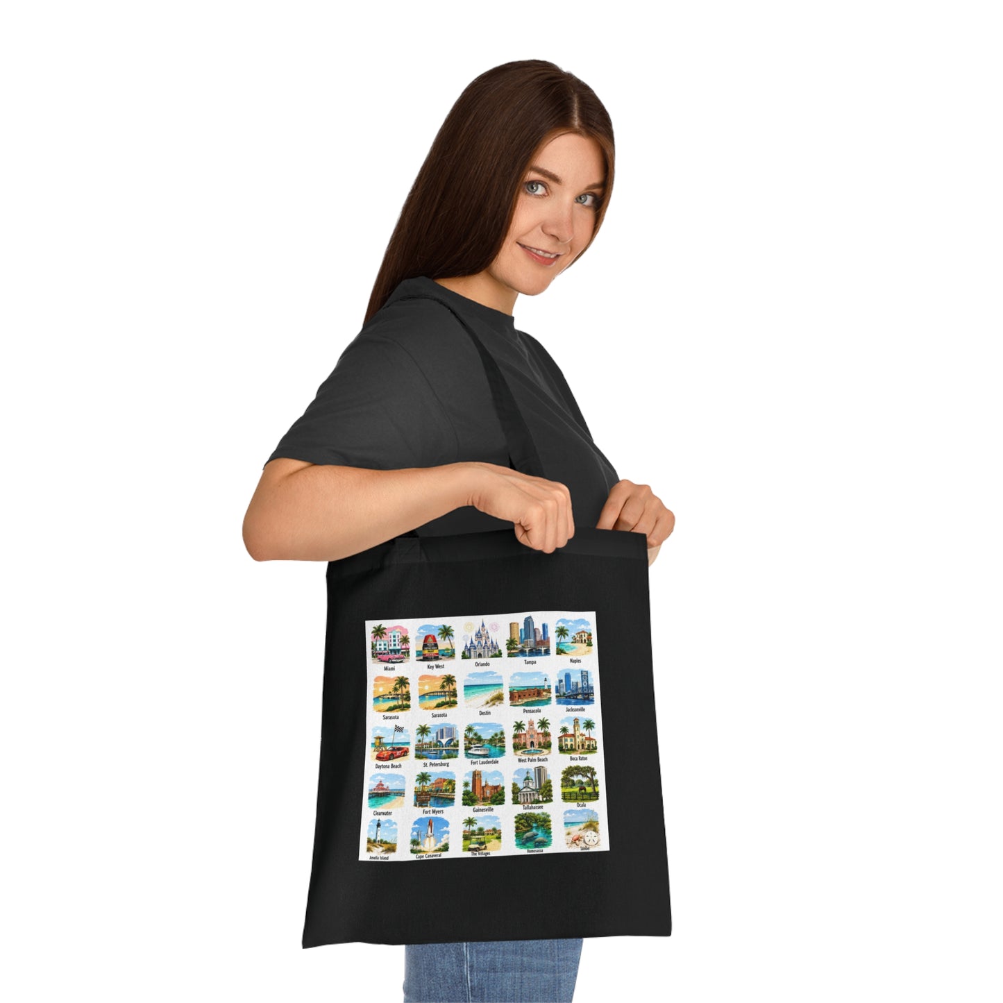 Florida City Landmarks Collage Cotton Tote – Vintage Travel Postcard Design