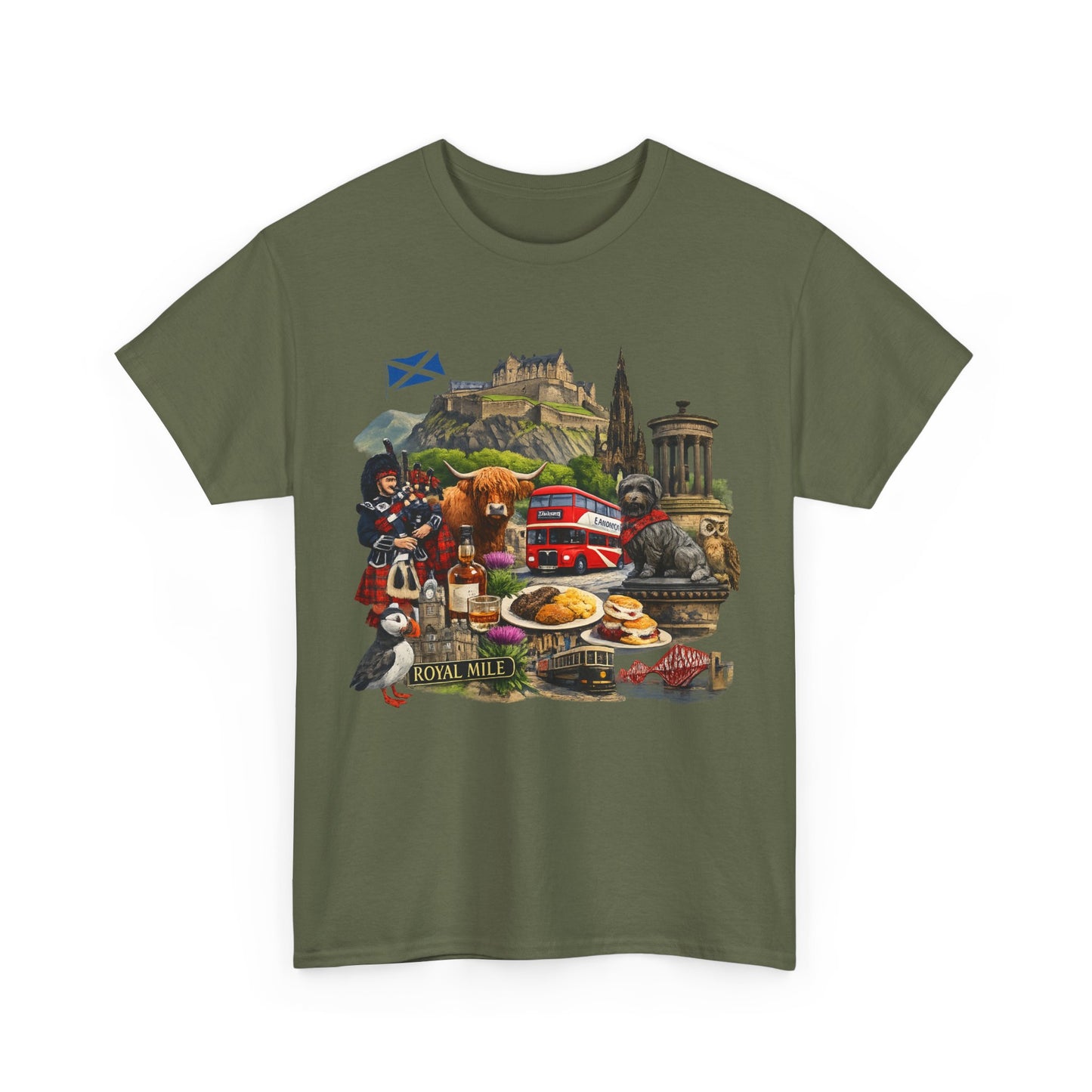 Scotland / Edinburgh Travel Collage T-Shirt — Edinburgh Castle, Bagpipes & Local Icons