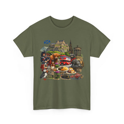Scotland / Edinburgh Travel Collage T-Shirt — Edinburgh Castle, Bagpipes & Local Icons