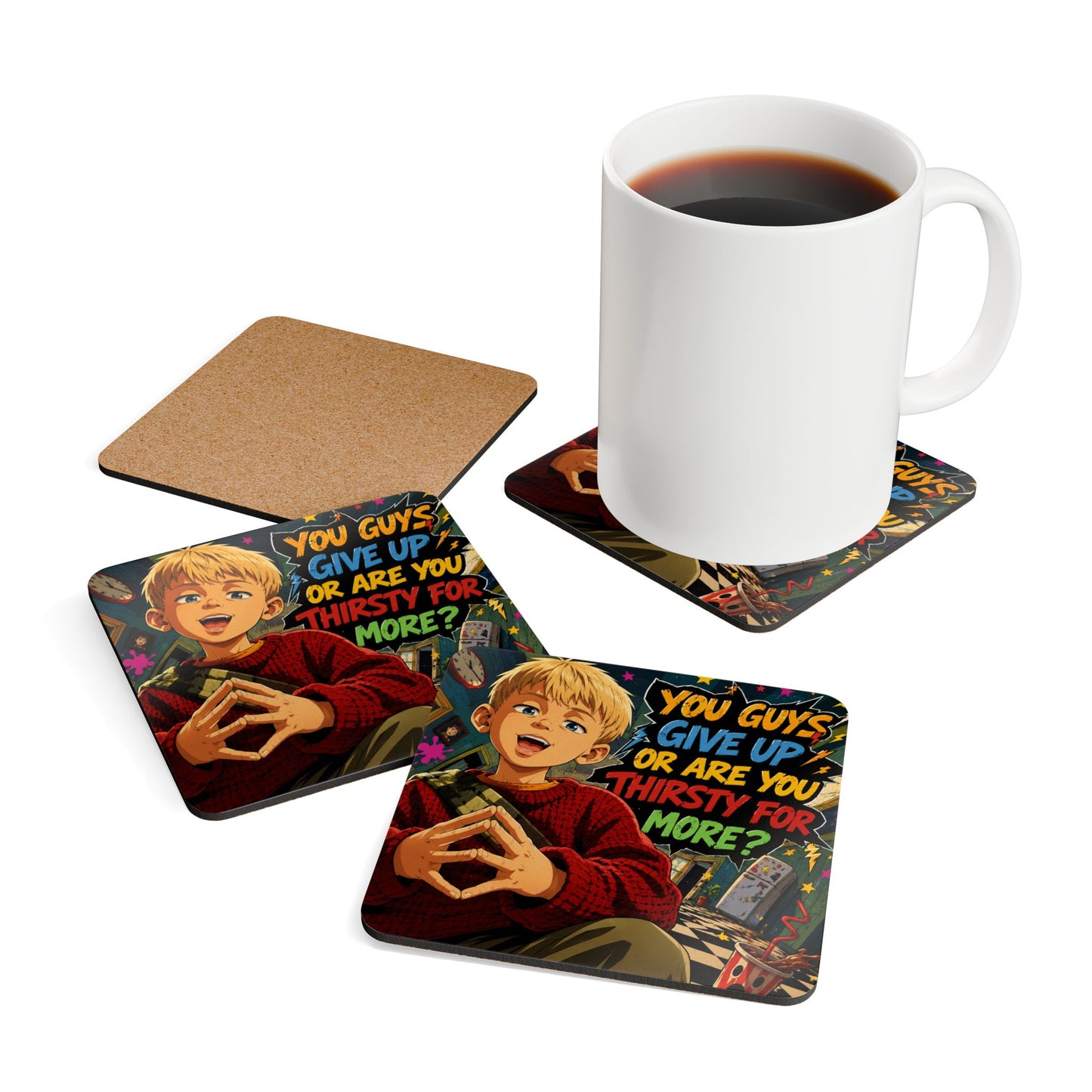 Home Alone Inspired Anime Quote Corkwood Coaster Set — "You Guys Give Up or Are You Thirsty for More?"