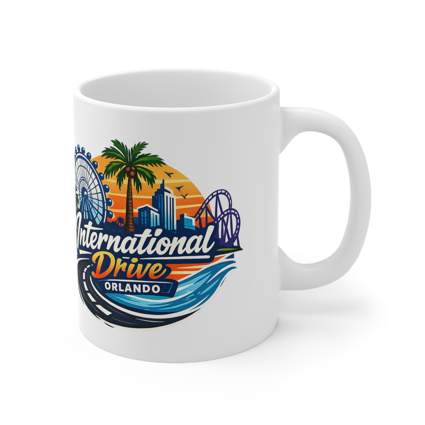 Orlando International Drive Souvenir Mug — 11oz/15oz Ceramic Coffee Cup with Ferris Wheel & Sunset Design