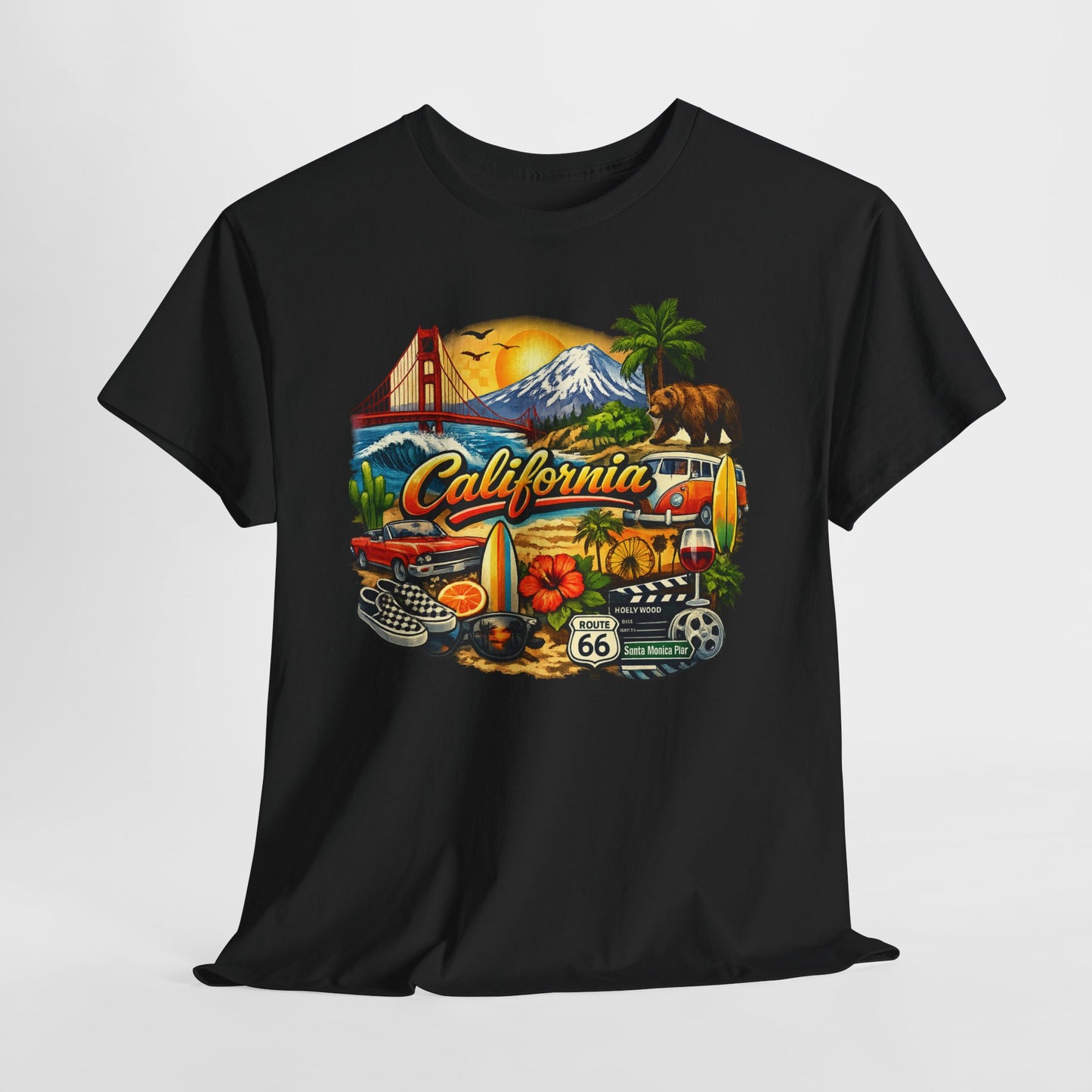 California Vintage Travel T-Shirt — Golden Gate, Palm Trees & Route 66 Tee