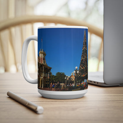 Magic Kingdom Town Square Christmas Mug — Festive Tree & Main Street Ceramic Coffee Cup (11oz, 15oz)